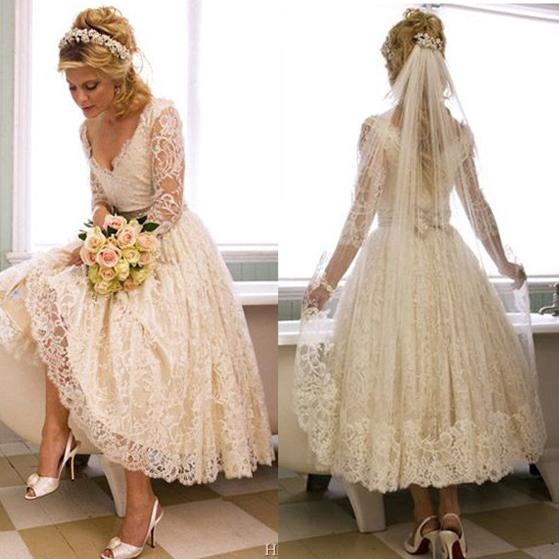 A Line V Neck 3/4 Long Sleeves Lace Wedding Dress New Arrival Tea Length Plus Size Bridal Gown-showprettydress