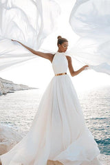 A Line White Chiffon High Neck Sleeveless Beach Wedding Dress-showprettydress