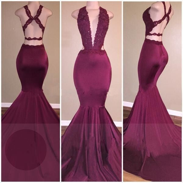 Alluring Deep-V-Neck Beading Cross-Back Mermaid Prom Dresses-showprettydress