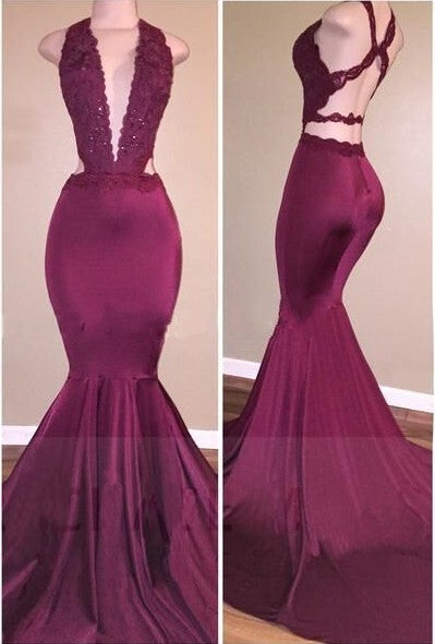 Alluring Deep-V-Neck Beading Cross-Back Mermaid Prom Dresses-showprettydress