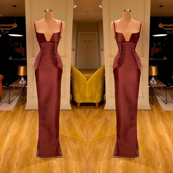 Amazing Burgundy Long Mermaid Spaghetti Straps Prom Dress With Ruched-showprettydress