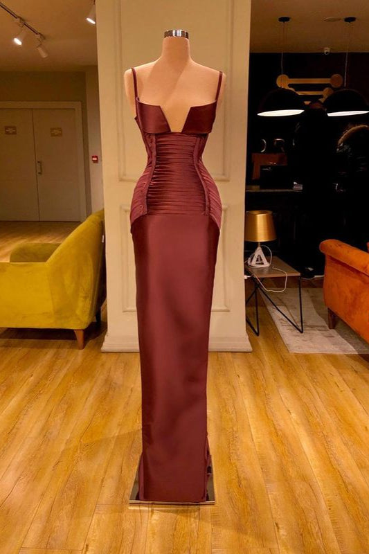 Amazing Burgundy Long Mermaid Spaghetti Straps Prom Dress With Ruched-showprettydress