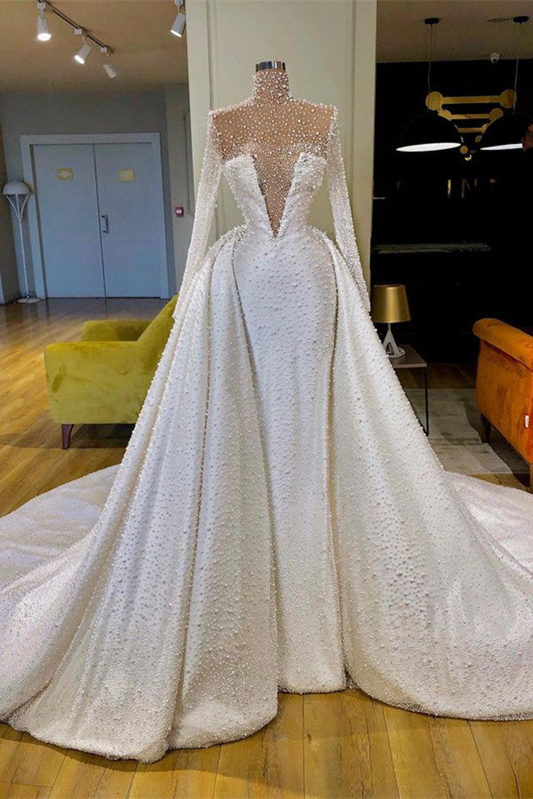 Amazing High Neck Long Sleeves Pearls Wedding Dress With Detachable Skirt-showprettydress