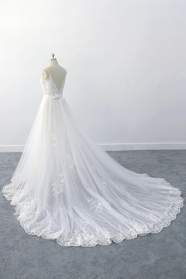 Amazing Long A-line V-neck Ruffle Appliques Tulle Wedding Dress-showprettydress