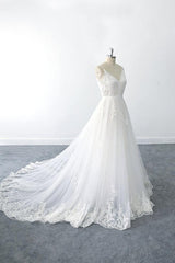 Amazing Long A-line V-neck Ruffle Appliques Tulle Wedding Dress-showprettydress