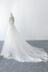 Amazing Long A-line V-neck Ruffle Appliques Tulle Wedding Dress-showprettydress