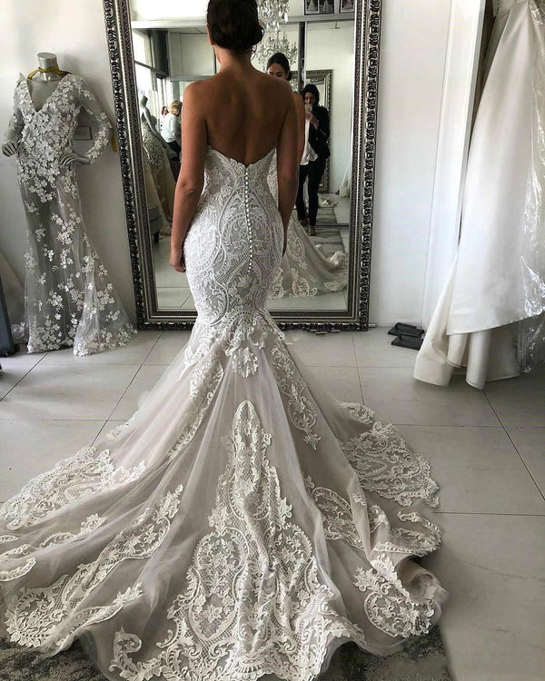 Amazing Long Mermaid Sweetheart Appliques Lace Wedding Dress-showprettydress