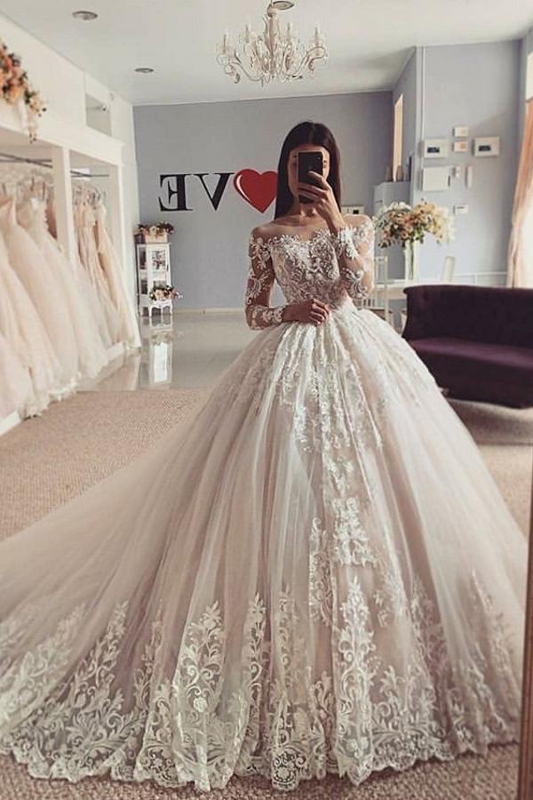 Amazing Long Sleevess Ball Gown Floral Lace Tulle Aline Bridal Gown ...