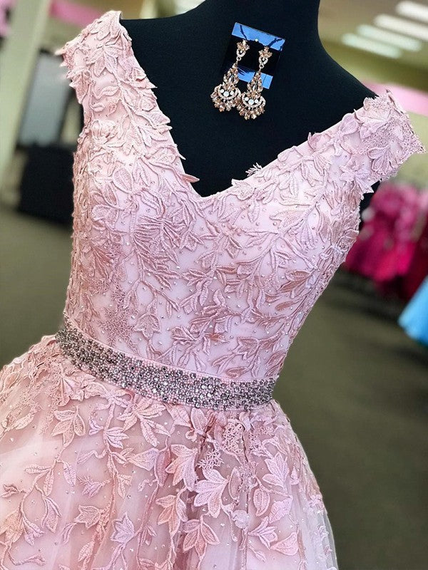 Amazing Pink Off-the-Shoulder Prom Dresses Applique Crystal Sleeveless Evening Dresses with Belt-showprettydress