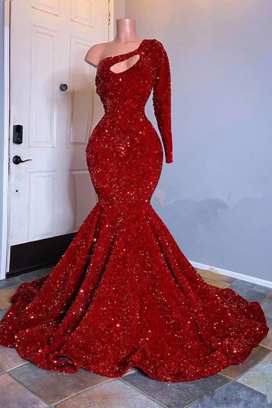 Amazing Red Long Sleeves Prom Dress One-Shoulder Mermaid With Sequins-showprettydress