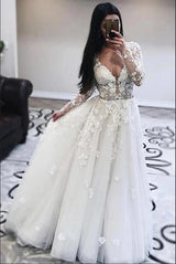 Amazing White Lace V neck A line Tulle V neck Wedding Dress-showprettydress