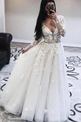 Amazing White Lace V neck A line Tulle V neck Wedding Dress-showprettydress