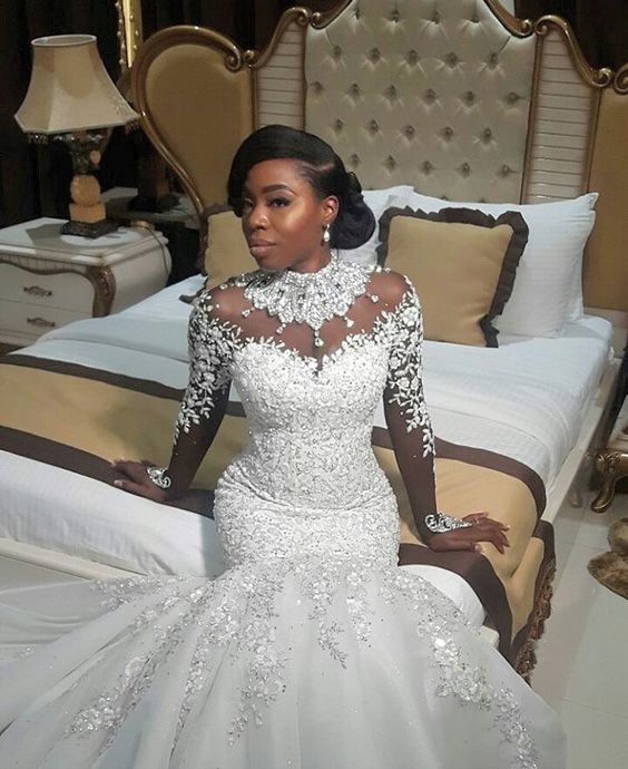 AmazingBeads Lace Appliques High Neck Wedding Dress Mermaid Bridal Dress-showprettydress