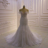 AmazingWhite 3D Lace applique Off the Shoulder Mermaid Bridal Gowns-showprettydress