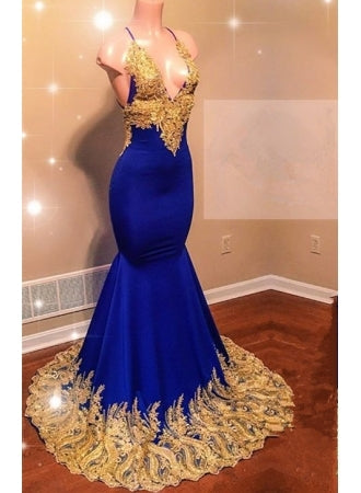 Appliques Spaghetti Sleeveless V-neck Mermaid Prom Dresses-showprettydress