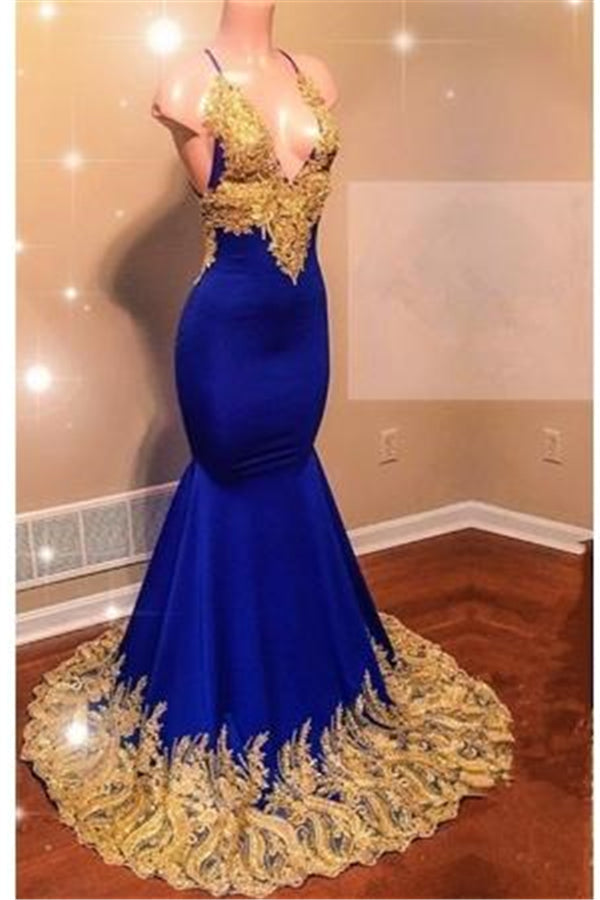 Appliques Spaghetti Sleeveless V-neck Mermaid Prom Dresses-showprettydress