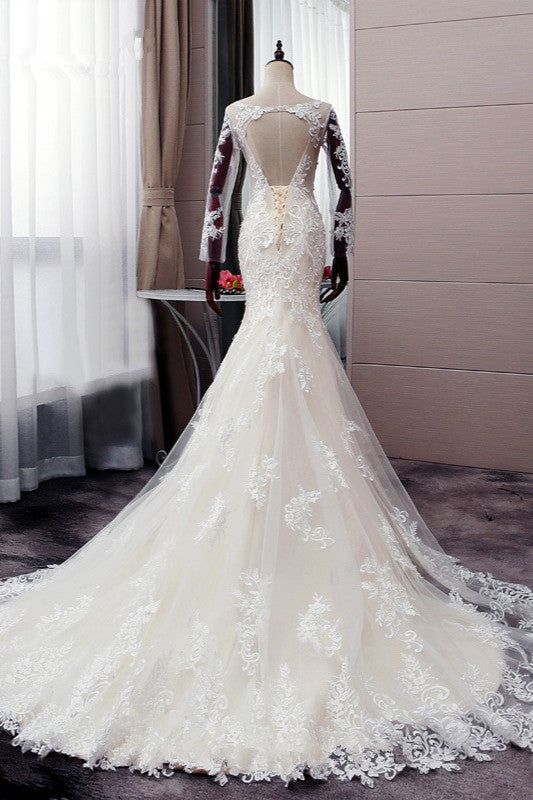 Autumn Long Sleevess Mermaid Lace appliques Ivory Wedding Dress-showprettydress