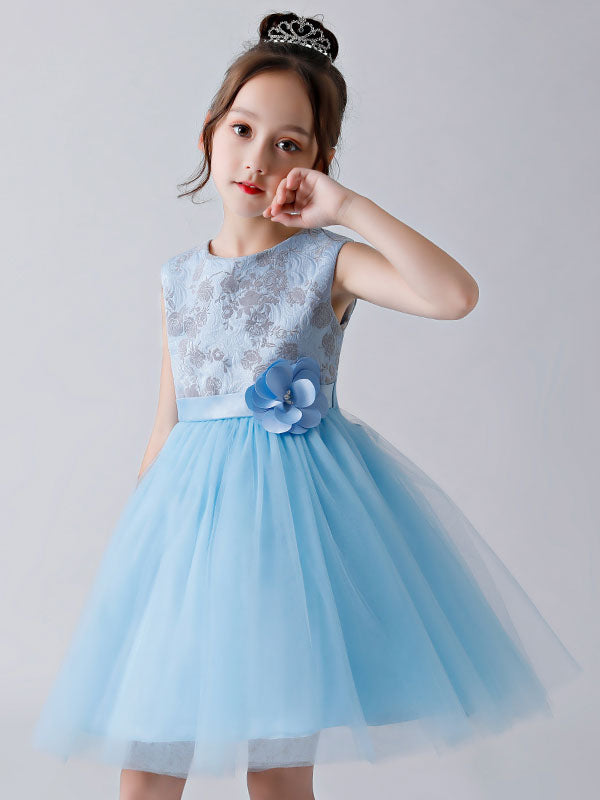 Baby Blue Jewel Neck Sleeveless Bows Tulle Polyester Kids Party Dresses-showprettydress