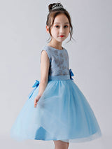 Baby Blue Jewel Neck Sleeveless Bows Tulle Polyester Kids Party Dresses-showprettydress