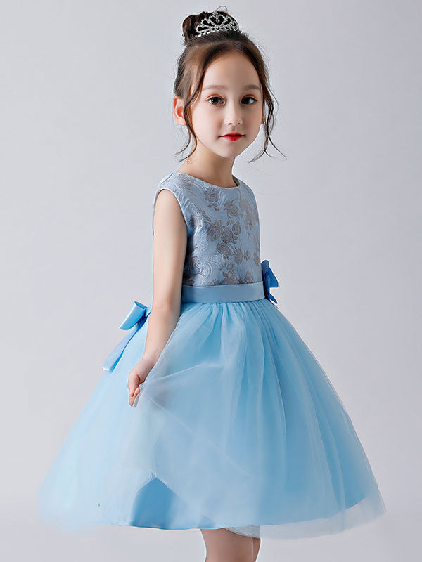 Baby Blue Jewel Neck Sleeveless Bows Tulle Polyester Kids Party Dresses-showprettydress