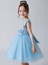 Baby Blue Jewel Neck Sleeveless Bows Tulle Polyester Kids Party Dresses-showprettydress