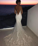 Backless Wedding Dresses Lace Mermaid Modern Spaghetti Straps Bride Dress-showprettydress