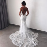 Backless Wedding Dresses Lace Mermaid Modern Spaghetti Straps Bride Dress-showprettydress