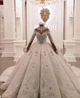 Ball Gown High neck Luxurious Train Long Sleevess Sparkle Applique Satin Wedding Dresses-showprettydress