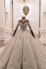 Ball Gown High neck Luxurious Train Long Sleevess Sparkle Applique Satin Wedding Dresses-showprettydress