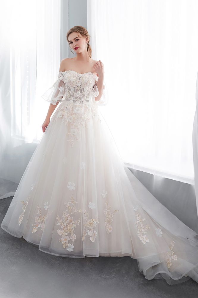 Ball Gown Off the shoulder Floor Length Appliques Tulle Wedding Dresses-showprettydress