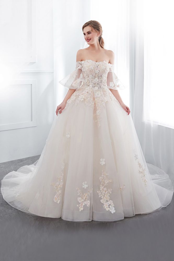 Ball Gown Off the shoulder Floor Length Appliques Tulle Wedding Dresses-showprettydress