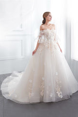 Ball Gown Off the shoulder Floor Length Appliques Tulle Wedding Dresses-showprettydress