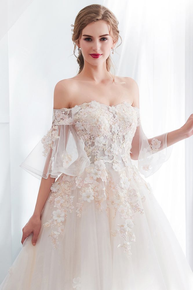 Ball Gown Off the shoulder Floor Length Appliques Tulle Wedding Dresses-showprettydress