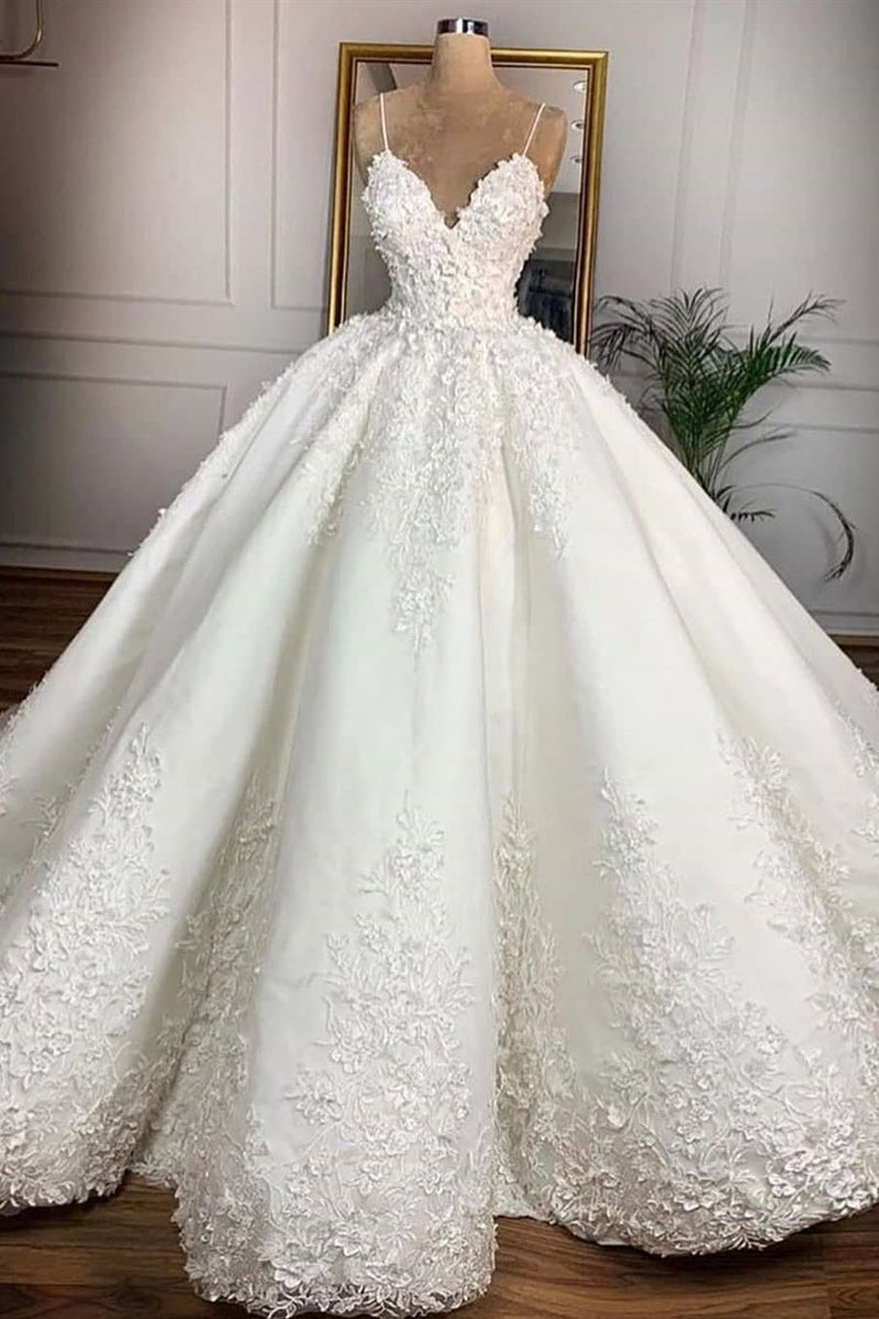 Ball Gown Spaghetti Strap Floor Length Organza Applique Wedding Dress-showprettydress