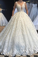 Ball Gown V-neck Wide Strap Floor Length Tulle Applique Lace Wedding Dress-showprettydress