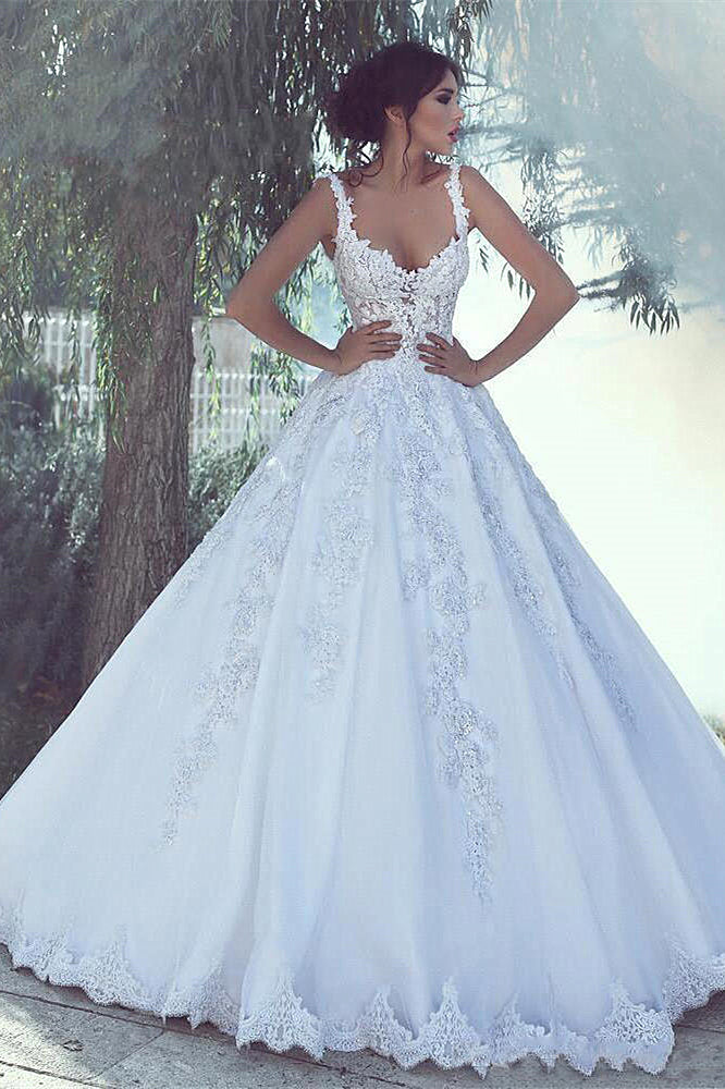 Ball Gown Wide Strap Floor Length Tulle Applique Beading Wedding Dress-showprettydress