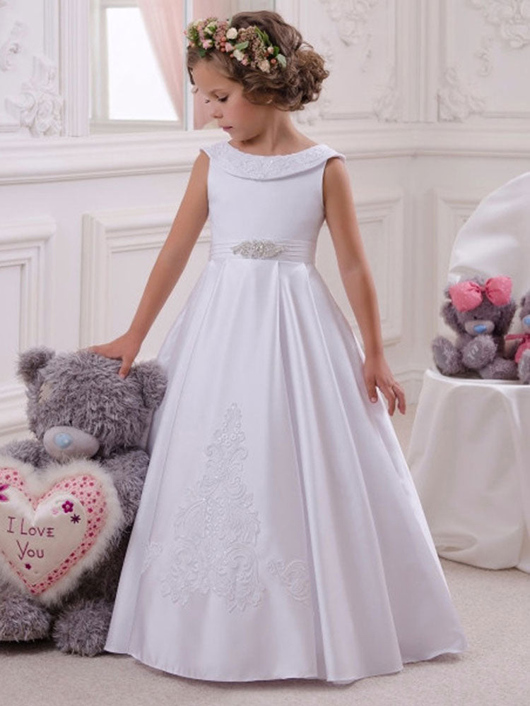 Bateau Neck Satin Fabric Sleeveless Floor Length A-Line Bows Kids Social Party Dresses-showprettydress