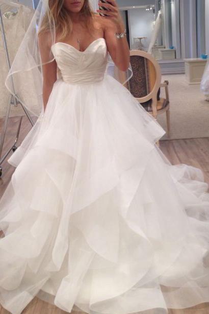 Beach Long A Line Sweetheart Strapless Layered Tulle Wedding Dress-showprettydress