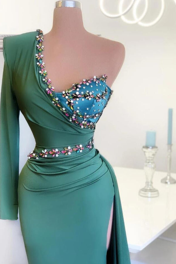 Beaded Green Long Prom Dress One Shoulder With Long Sleeve On One Side-showprettydress