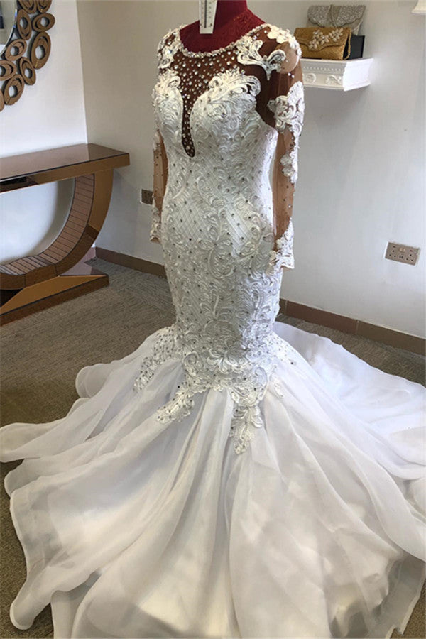 Beading Mermaid Sheer Tulle Wedding Dress Appliques Long Sleeves Bridal Dress-showprettydress