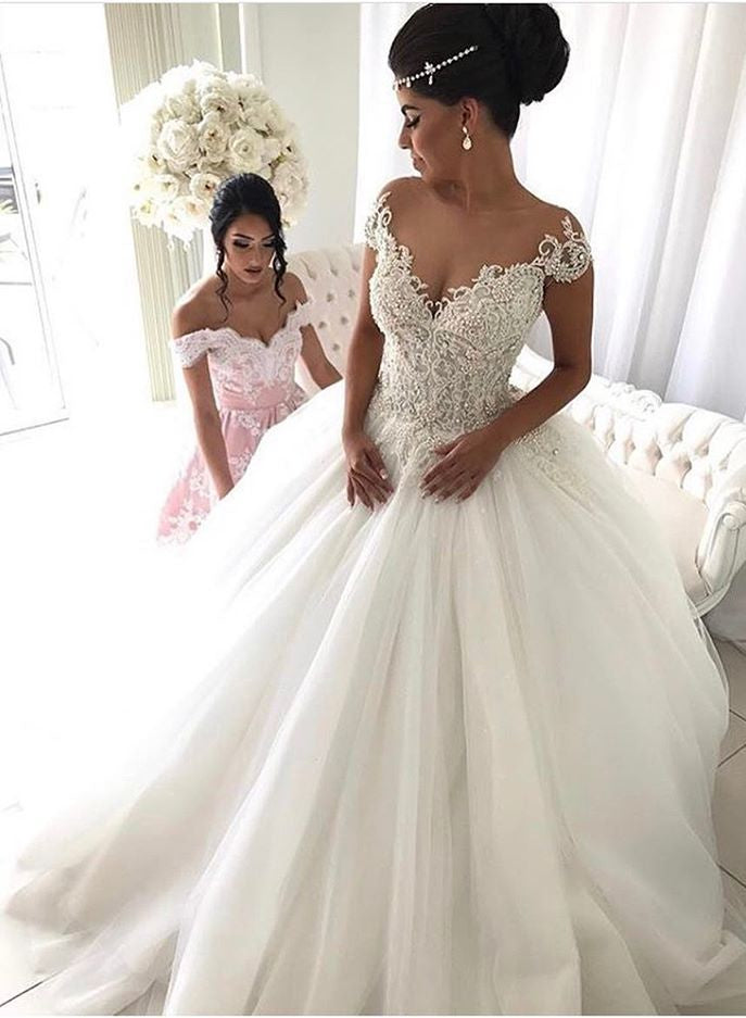 Beads Lace Royal Wedding Dresses Princess Ball Gown Sheer Tulle Modern Bridal Gowns-showprettydress