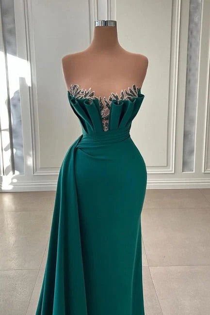 Beautiful Dark Green Long Mermaid Strapless Satin Prom Dresses ...