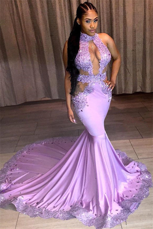 Beautiful Halter Sleeveless Sequins Appliques Lace Mermaid Prom Dresses-showprettydress