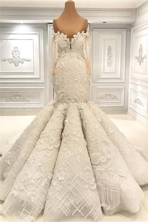 Beautiful Ivory Mermaid Sweetheart Lace Bridal Gowns for Wedding-showprettydress