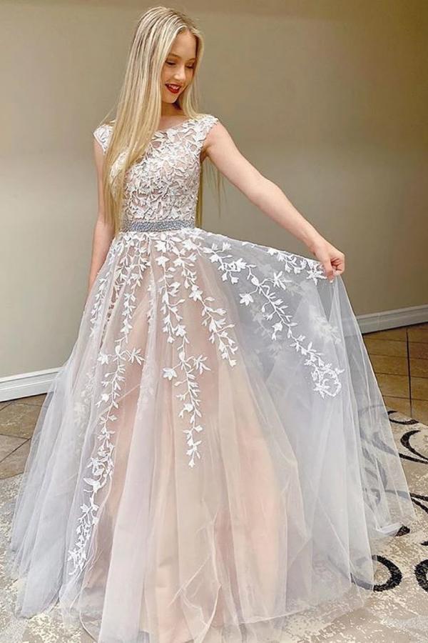 Beautiful Long A-line Lace Prom Dress Tulle Evening Party Gowns with Cap Sleeves-showprettydress