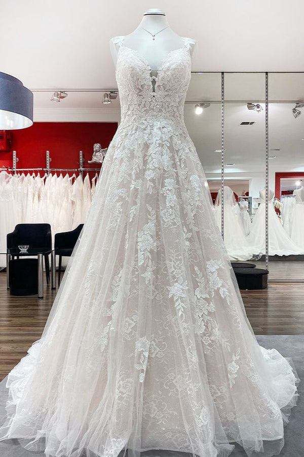 Beautiful Long A-line Tulle Lace V Neck Open Back Wedding Dresses-showprettydress