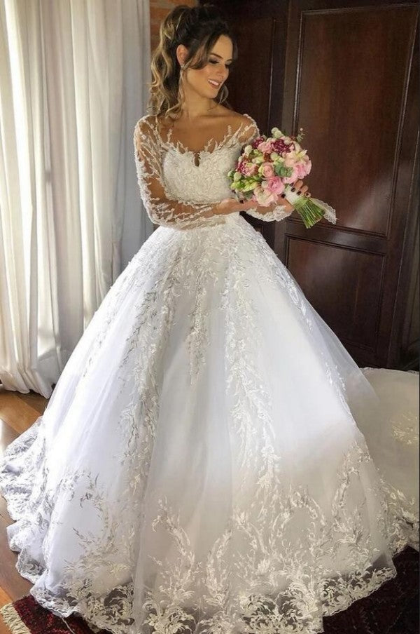 Beautiful Long Princess Tulle Wedding Dress with Sleeves-showprettydress