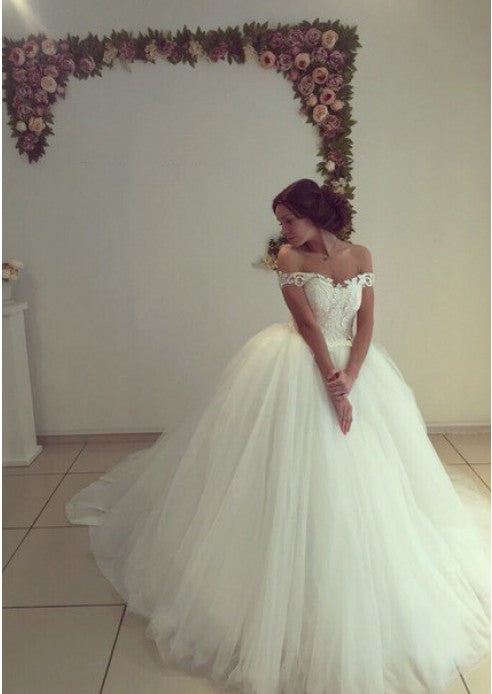 Beautiful Off the Shoulder Tulle Chapel Train Ball Gown Wedding Dresses-showprettydress