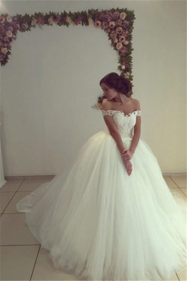 Beautiful Off the Shoulder Tulle Chapel Train Ball Gown Wedding Dresses-showprettydress