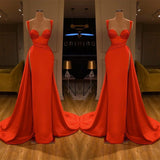 Beautiful Red Long Mermaid Straps Sweetheart Satin Prom Dress With Split-showprettydress